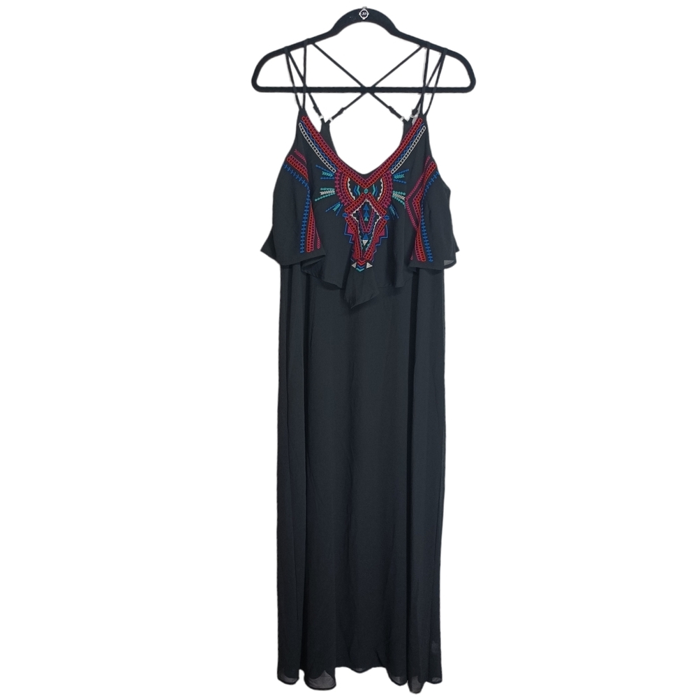 XHILARATION Pink Blue Colorful Embroidered Ruffle Criss Cross Black Maxi Dress M